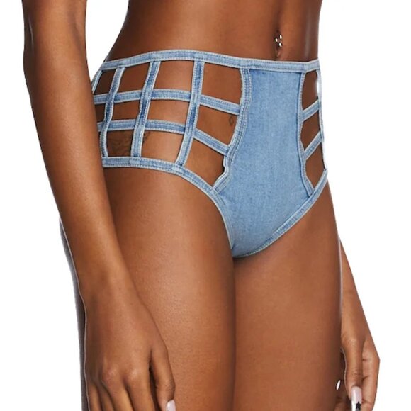 Dolls Kill Club Exx Deviant Treasure Bustier Top & Booty Shorts Set (Denim) - Picture 7 of 10